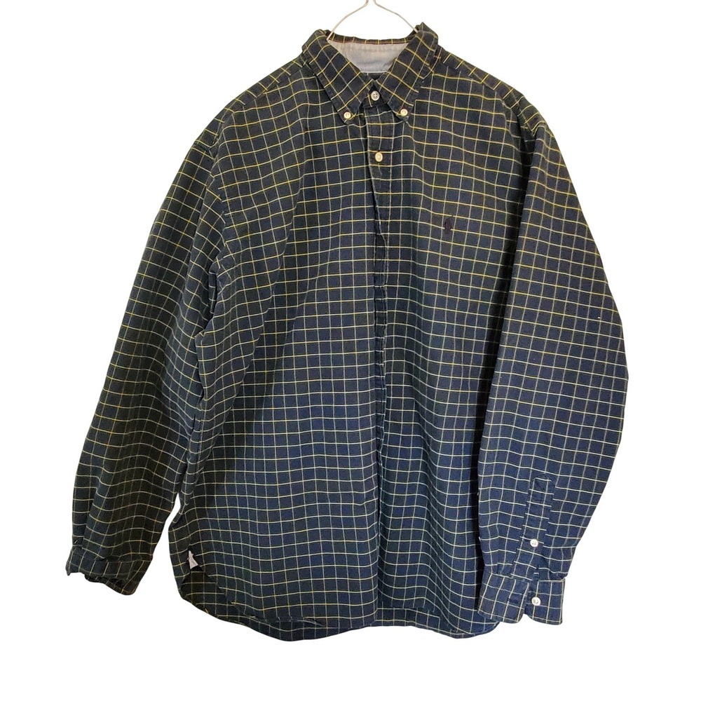 Ralph Lauren Classic Fit Mens XL Navy Blue Yellow Windowpane Plaid Button Down